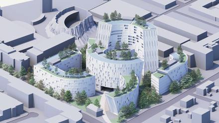 Die Maximalvariante: Blick von Südosten auf die geplante Media City in Babelsberg. 