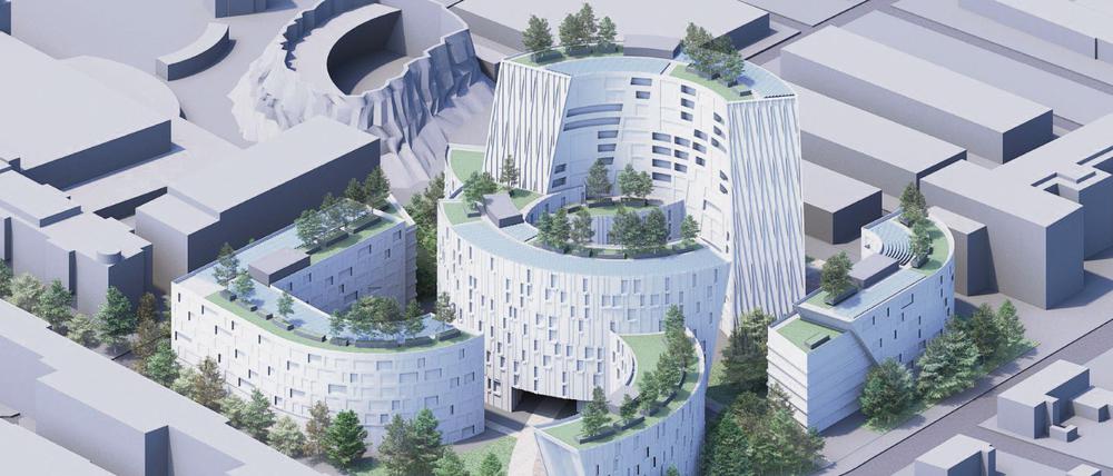 Die Maximalvariante: Blick von Südosten auf die geplante Media City in Babelsberg. 