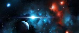 Digitally generated image  of planet and nebula dust cloud.