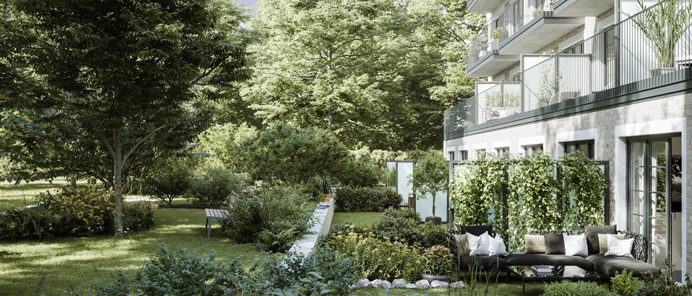 In der Düsseldorfer Straße nahe dem Kurfürstendamm entstehen derzeit 32 Eigentumswohnungen. Der verklinkerte Neubau mit großen Balkonen steht in einem großzügigen Berliner Innenhof mit altem Baumbestand. Der Quadratmeter Wohnfläche kostet um die 15.000 Euro.