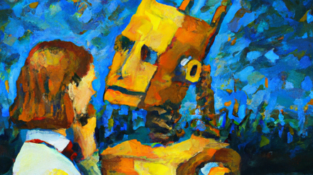 Ein Roboter tröstet einen Menschen. Gemälde im Stil von Vincent van Gogh.