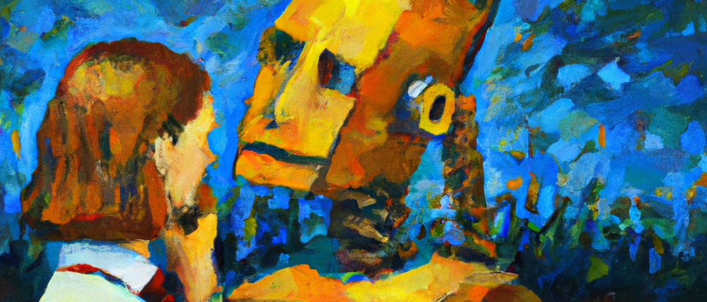 Ein Roboter tröstet einen Menschen. Gemälde im Stil von Vincent van Gogh.