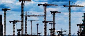 Blick auf Baukräne. Der Mindestlohn im Baugewerbe hat dazu geführt, dass sich auch Beschäftigte mit ähnlichen Jobs besser bezahlte Arbeit suchten.