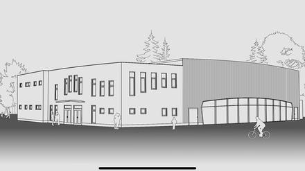 Hier die 1. Skizze, wie die neue Mehrzweckhalle am Kladower Damm aussehen soll.