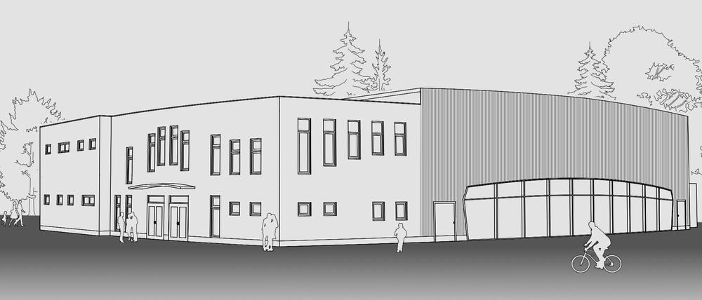 Hier die 1. Skizze, wie die neue Mehrzweckhalle am Kladower Damm aussehen soll.