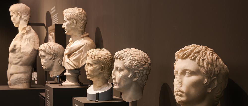 Phalanx abgeschlagener Nasen. Blick in die Ausstellung „Die neuen Bilder des Augustus“ mit einer Reihe antiker Büsten.