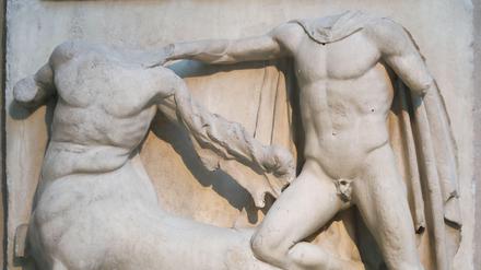 Metope III from the Parthenon marbles depicting part of the battle between the Centaurs and the Lapiths at the British Museum, London, UK