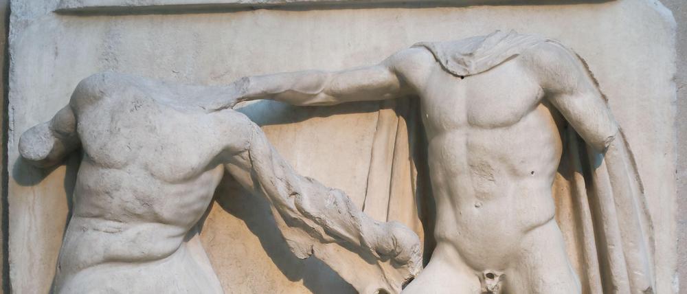 Metope III from the Parthenon marbles depicting part of the battle between the Centaurs and the Lapiths at the British Museum, London, UK