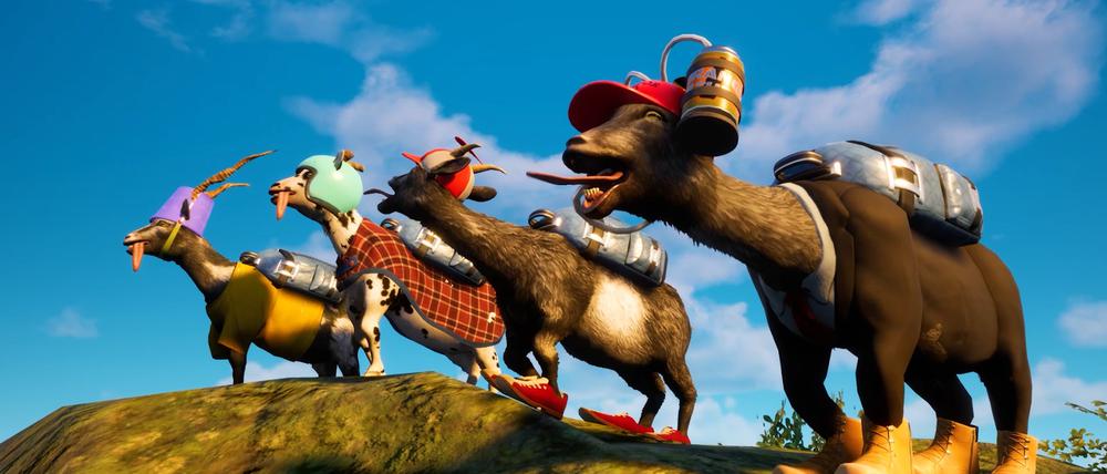 Für die explosiven Abenteuer lässt sich die Ziege mit Bierhelm, Jetpack oder Laubbläser ausrüsten.