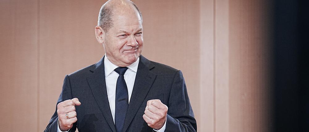 Olaf Scholz (SPD) hielt während der Kabinettssitzung anlässlich des ersten Geburtstags der Ampelkoalition eine kurze Ansprache. 