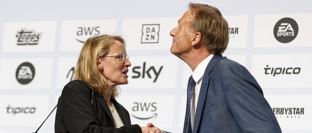 Nicht immer so einvernehmlich, wie auf der DFL-Generalversammlung im August 2022: Donata Hopfen und „Aki“ Watzke.