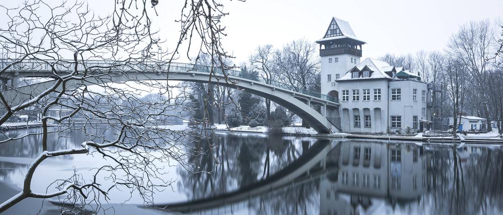 Die winterliche Insel der Jugend in der Spree am Treptower Park.