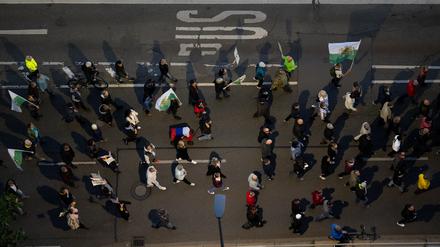 Teilnehmer einer Demonstration der Bewegung „Chemnitz steht auf“ ziehen durch die sächsische Stadt.