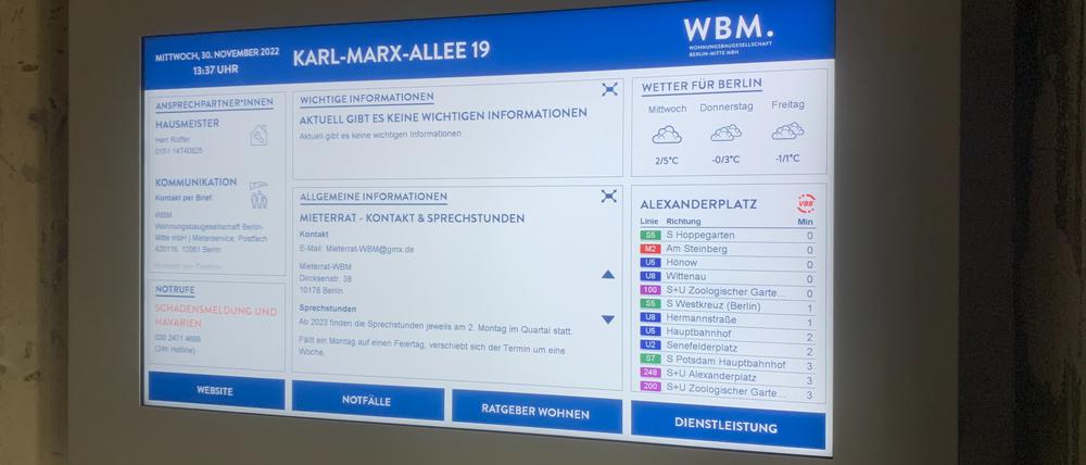 Die digitale Anzeigetafel soll die Bewohner smart informieren.