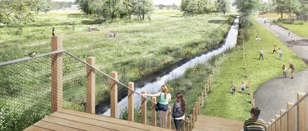 Planungen für den ersten Krampnitzer Park vorgestellt. Dieser soll das neue Stadtquartier an drei Seiten mit einer Fläche von rund 11,5 Hektar umrahmen.