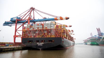 Hamburg: Containerschiffe liegen im Hafen auf der Elbe an den Terminals Eurogate (l.) und Burchardkai. Die deutsche Wirtschaft ist im vierten Quartal um 0,4 Prozent geschrumpft.