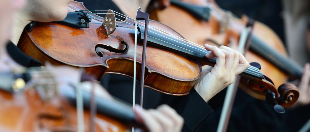 Violinisten spielen am 30.07.2013 in Rheinsberg (Brandenburg) im Heckentheater des Schlossparks bei einer Opernaufführung. (zu dpa «Bislang mehr als 6000 Besucher bei Mosel Musikfestival» vom 27.08.2017) Foto: Jens Kalaene/dpa-Zentralbild/dpa +++(c) dpa - Bildfunk+++