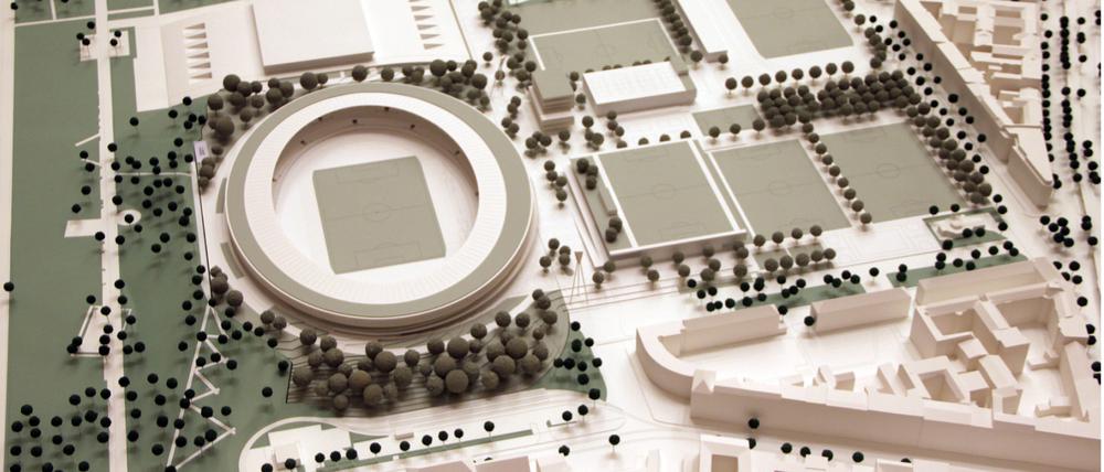 Finaler Entwurf. Zum neuen Jahn-Sportpark gehören künftig eine Plaza, ein barrierefreies Stadion und zahlreiche Sportplätze.