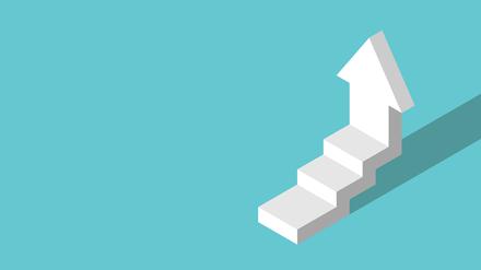 Isometric white stepped vertical arrow going up. Growth, personal development, motivation, achievement and ambition concept. Flat design. EPS 8 vector illustration, no transparency, no gradients