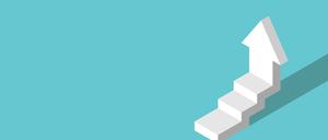 Isometric white stepped vertical arrow going up. Growth, personal development, motivation, achievement and ambition concept. Flat design. EPS 8 vector illustration, no transparency, no gradients