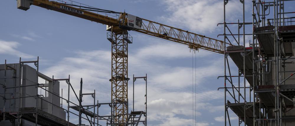 Ein Turmdrehkran ragt in den Himmel auf einer Baustelle zwischen neu errichteten Wohnhäusern. 