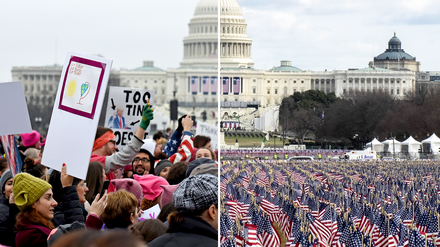 Die Inauguration braucht die Präsenz der Bürger. Links die Amtseinführung von Trump, 2017. Rechts die Vorbereitungen für Biden, 2021.
