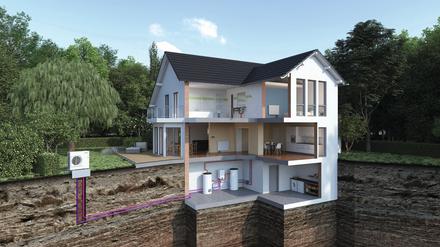 Haus mit angeschlossener Wärmepumpe. Bei Kosten, Förderung und Einbau sind einige Dinge zu beachten.