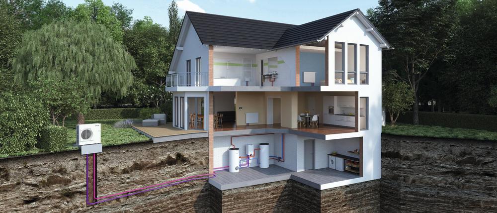 Haus mit angeschlossener Wärmepumpe. Bei Kosten, Förderung und Einbau sind einige Dinge zu beachten.