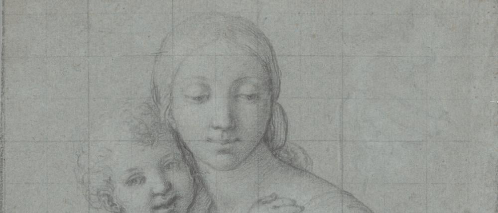 „Maria mit Kind“ von Giovanni Battista Salvi, gen. Il Sassoferrato (Schwarze Kreide auf blaugrauem Papier, quadriert).
