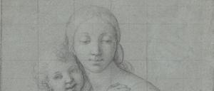 
„Maria mit Kind“ von Giovanni Battista Salvi, gen. Il Sassoferrato (Schwarze Kreide auf blaugrauem Papier, quadriert).