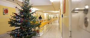 Ein Weihnachtsbaum steht auf dem Flur von einem Gefängnis.