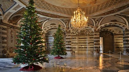 Weihnachtsbäume im Grottensaal im Neuen Palais in Potsdam.