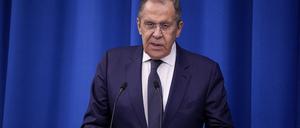 Sergej Lawrow, Außenminister von Russland, spricht auf der internationalen Konferenz.