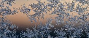 14.12.2022, Brandenburg, Sieversdorf: Eisblumen sind zum Sonnenaufgang bei minus neun Grad Celsius an einer Scheibe eines Autos zu sehen. 