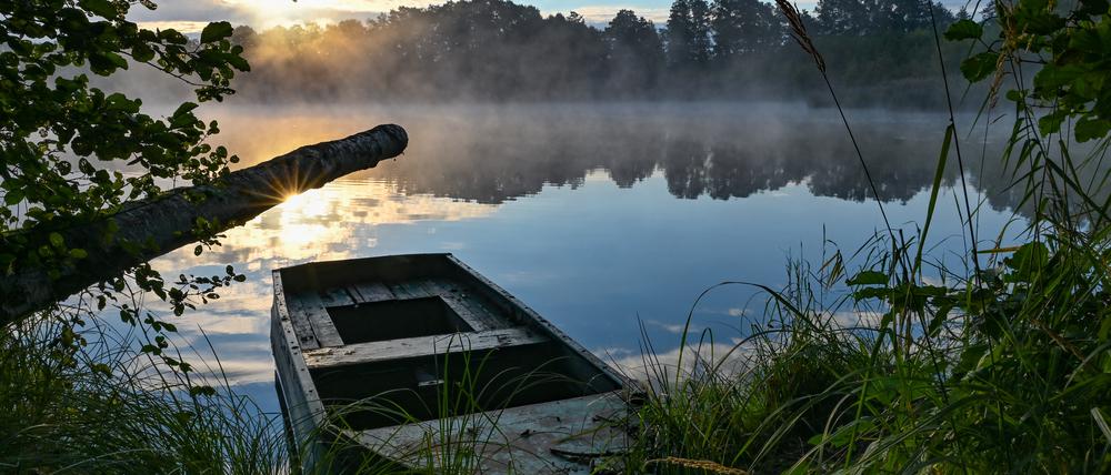 Im Gegenlicht der Morgensonne steigt Nebel vom Tiefen See bei Beeskow auf.