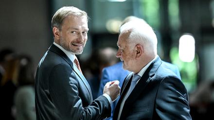 Christian Lindner (FDP - ), Bundesfinanzminister, Wolfgang Kubicki, stellvertretender FDP-Parteivorsitzender und Bundestagsvizepräsident, unterhalten sich am Rande der Namentlichen Abstimmung im Deutschen Bundestag.