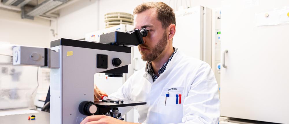 Ein Biologielaborant untersucht PCR-positive Proben an einem Mikroskop. 