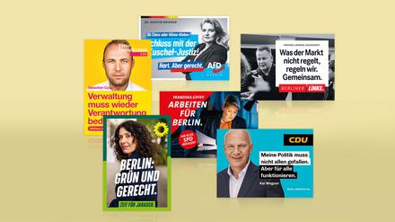 Berlin Wahl 2023 Wahlplakate SPD, FDP, Linke, AfD, Grüne, CDU / Checkpoint