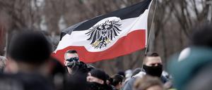 Teilnehmer an einer Demonstration von Rechtsextremisten und Reichsbürgern vor dem Brandenburger Tor und der Straße des 17. Juni. 