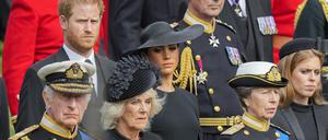 König Charles III. (unten von links), Camilla, Prinzessin Anne, Prinzessin Beatrice, sowie Prinz Harry (obere Reihe von links) und Meghan.