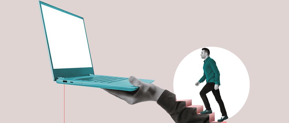 Climbing the career ladder. Digital technologies and education. Art collage.
Top_Job