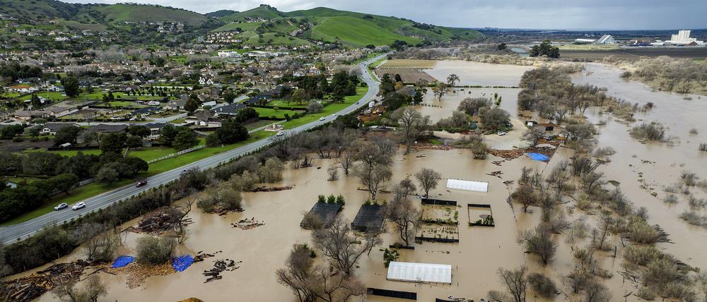 Hochwasser bedeckt ein Grundstück entlang der River Road in Monterey County, Kalifornien, als der Salinas River über die Ufer tritt.