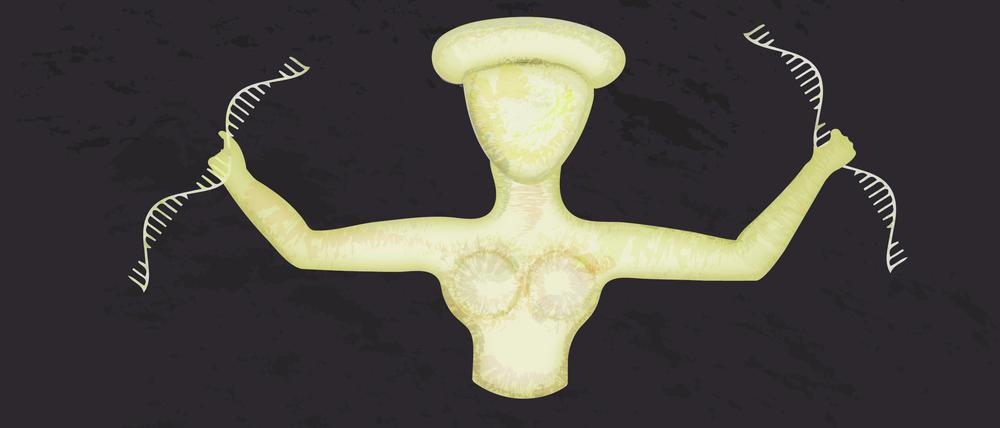 Figur einer minoischen Göttin, mit DNA-Molekülen anstelle von Schlangen dargestellt. Die orangefarbene und rote Genealogie bezieht sich auf das Forschungsergebnis der „Endogamie“ zwischen Cousins und Cousinen ersten und zweiten Grades.