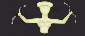 Figur einer minoischen Göttin, mit DNA-Molekülen anstelle von Schlangen dargestellt. Die orangefarbene und rote Genealogie bezieht sich auf das Forschungsergebnis der „Endogamie“ zwischen Cousins und Cousinen ersten und zweiten Grades.