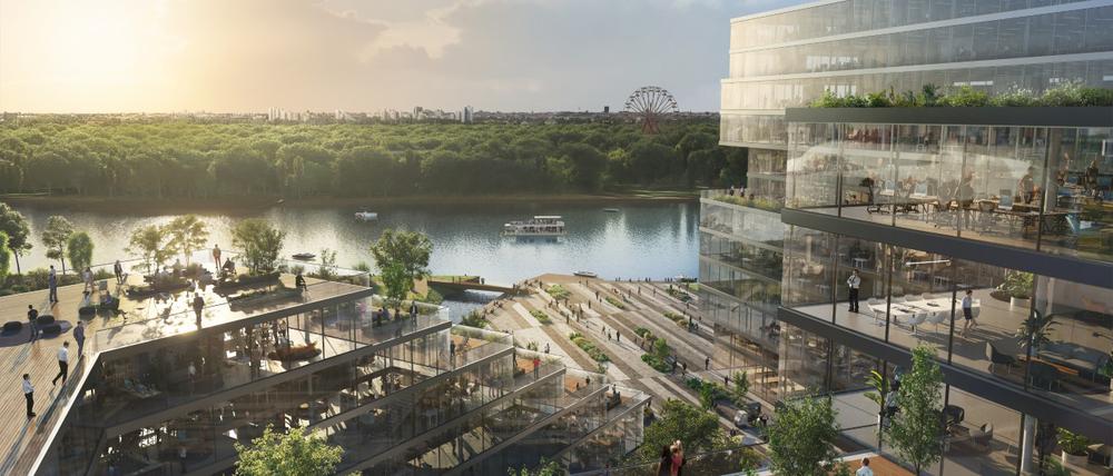 So soll das „Spreewerk“ an der „Spreeküste“ einmal aussehen. Ein gigantischer Bürokomplex auf 100.000 Quadratmetern an der Spree, Köpenicker Chaussee.