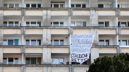 Protest gegen den geplanten Abriss des Staudenhofs in Potsdam.