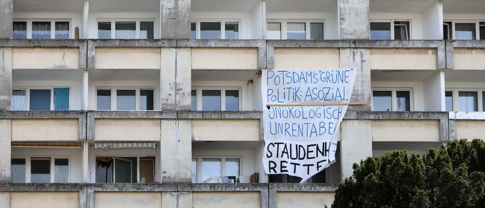 Protest gegen den geplanten Abriss des Staudenhofs in Potsdam.