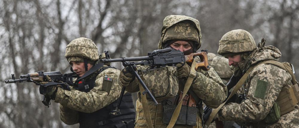 Ukrainische Soldaten nehmen an einem Kampftraining in Saporischschja teil.