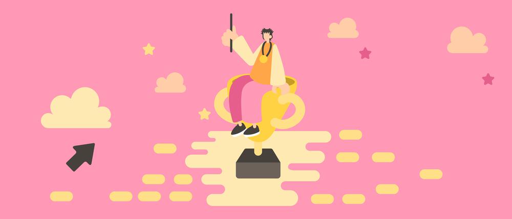 Man Sitting On His Trophy Celebrating Recent Success Over The Clouds. Athlete Winner With Gold Medal Honor New Achievement In The Sky. Businessman With Earned First Place Cup.