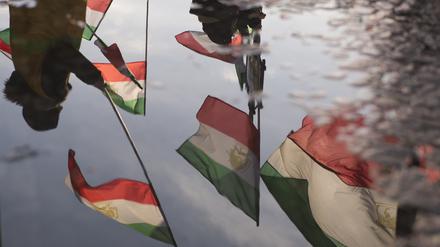 Iranische Flaggen spiegeln sich in einer Pfütze. 